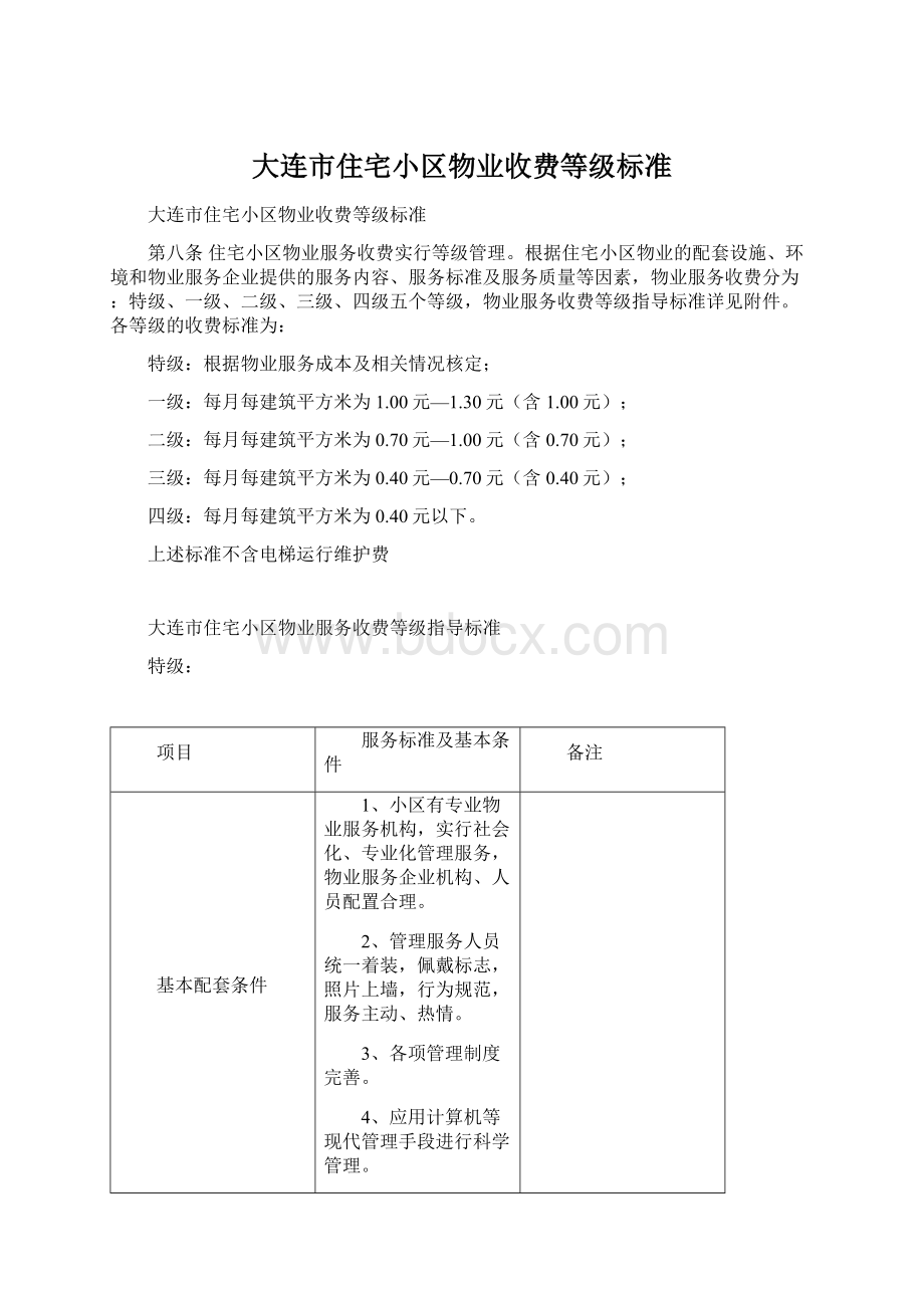 大连市住宅小区物业收费等级标准Word格式.docx