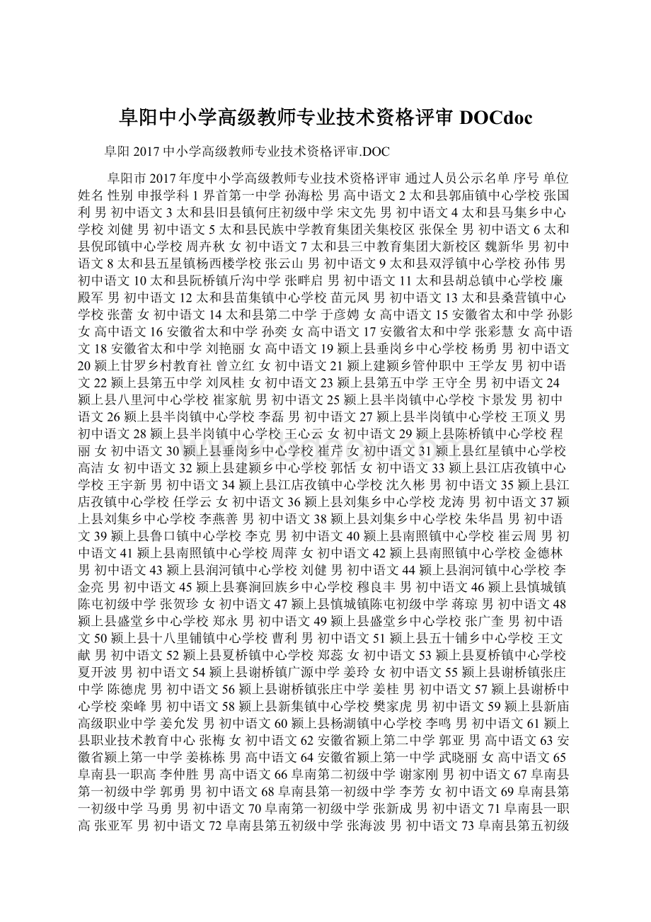 阜阳中小学高级教师专业技术资格评审DOCdocWord文档下载推荐.docx