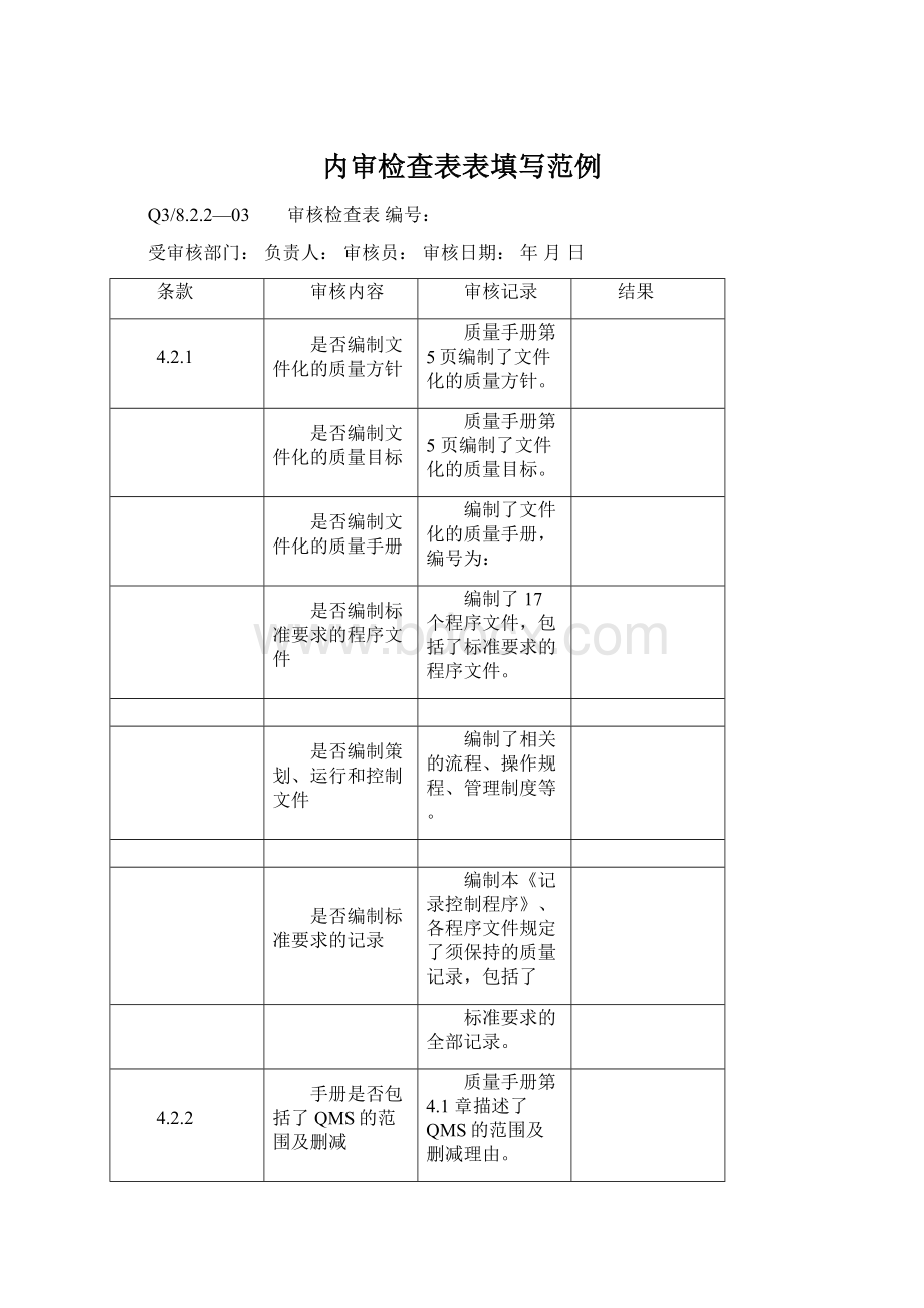 内审检查表表填写范例Word下载.docx