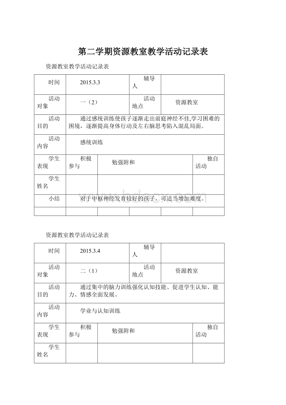 第二学期资源教室教学活动记录表Word文件下载.docx_第1页