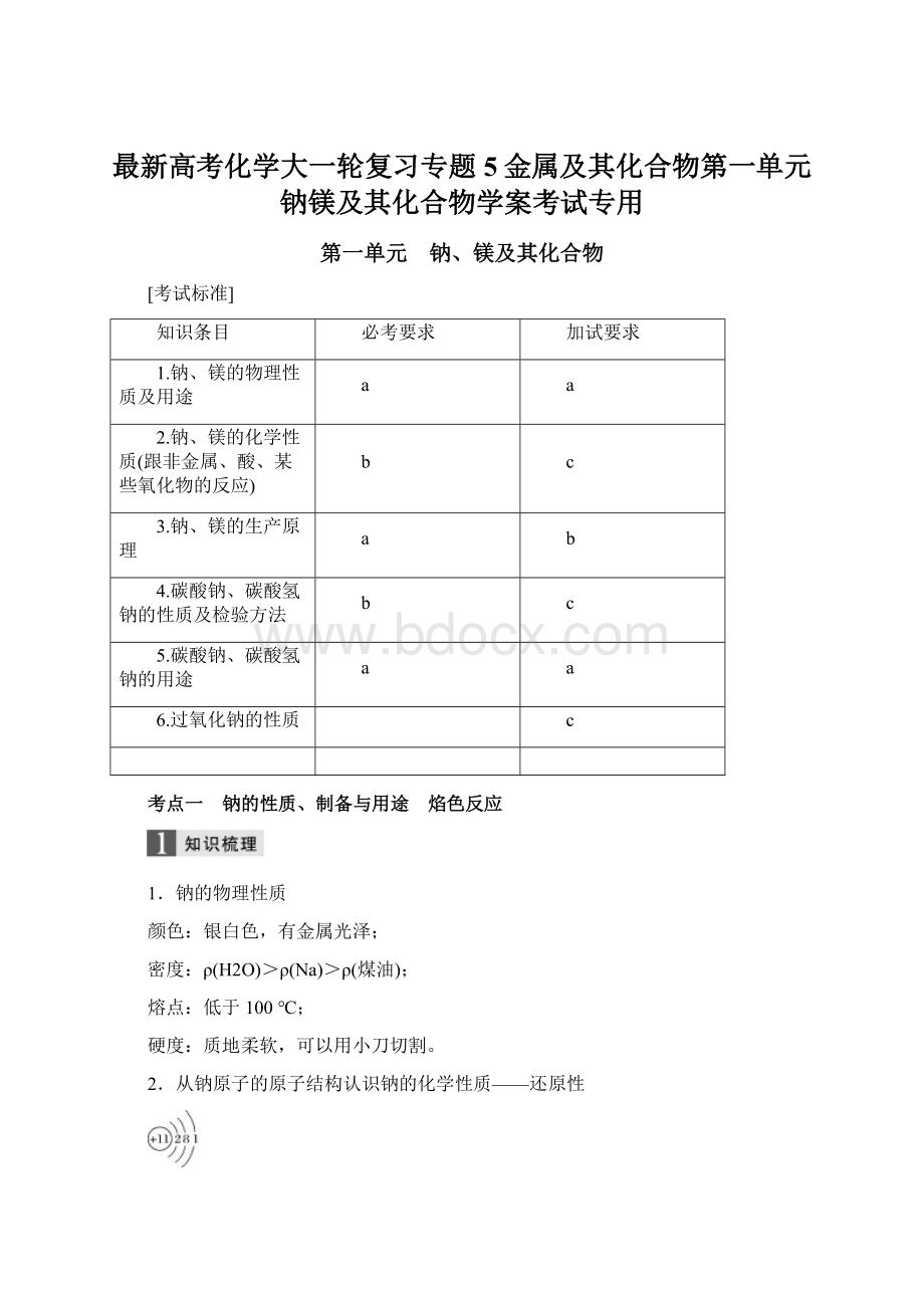 最新高考化学大一轮复习专题5金属及其化合物第一单元钠镁及其化合物学案考试专用.docx