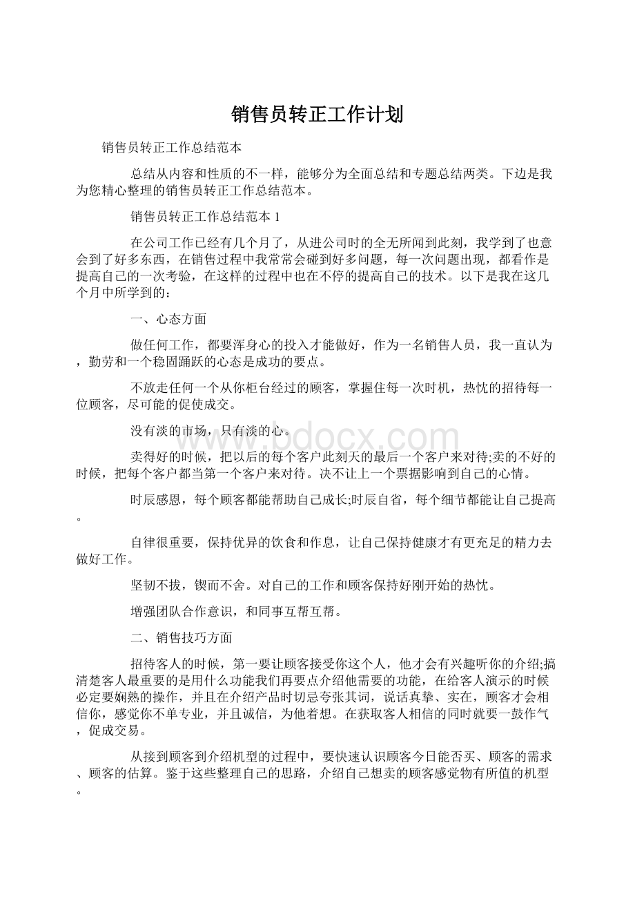 销售员转正工作计划Word文件下载.docx_第1页