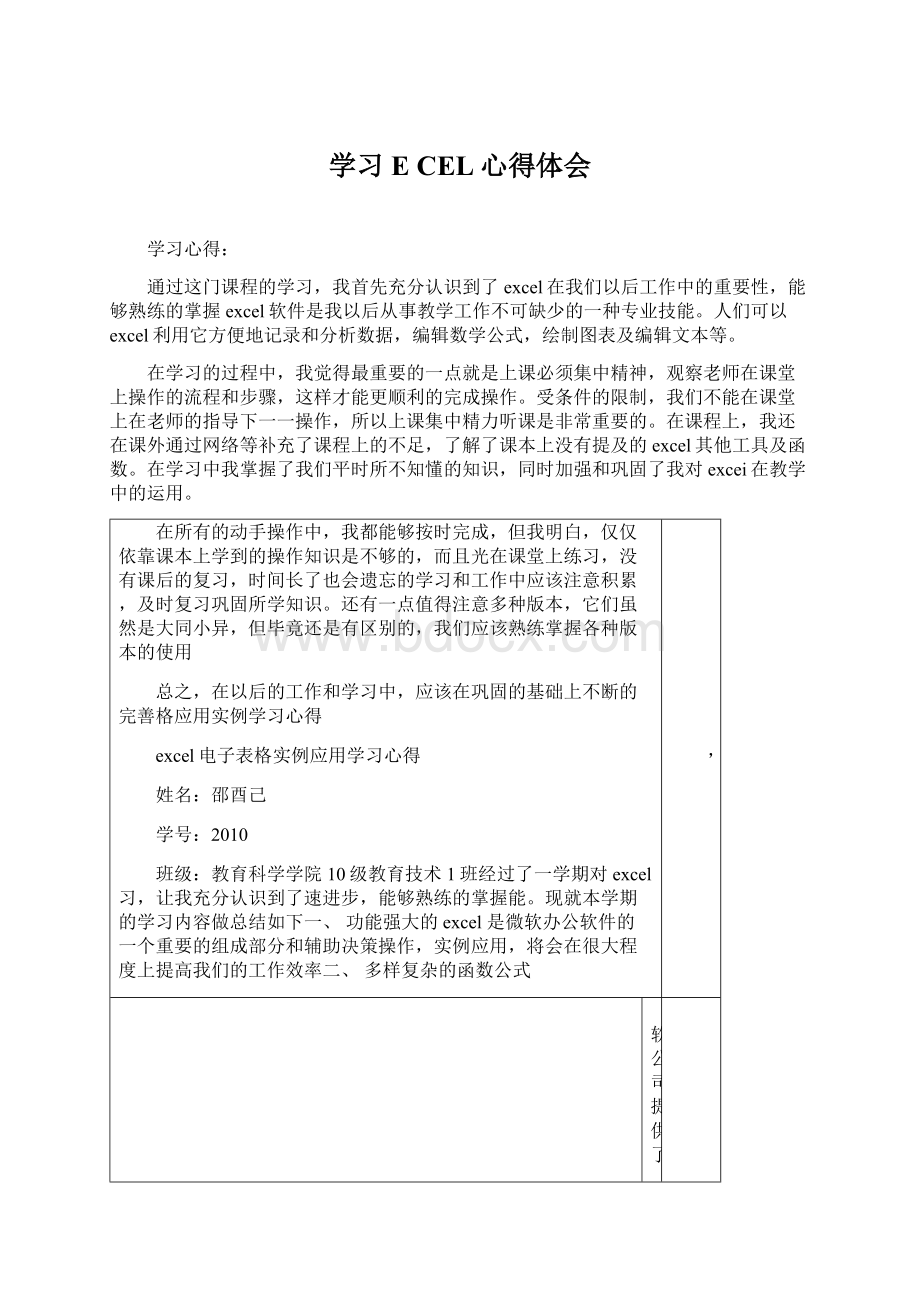 学习E CEL心得体会Word下载.docx_第1页