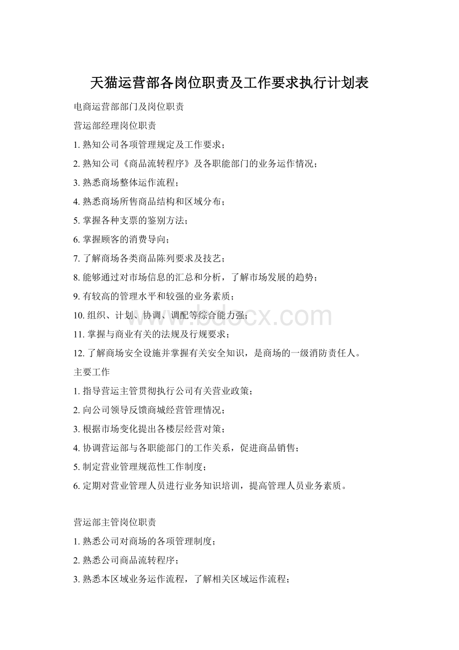 天猫运营部各岗位职责及工作要求执行计划表.docx_第1页