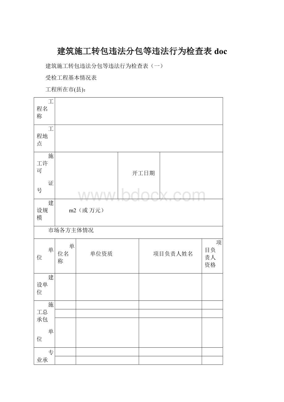 建筑施工转包违法分包等违法行为检查表docWord文档下载推荐.docx_第1页