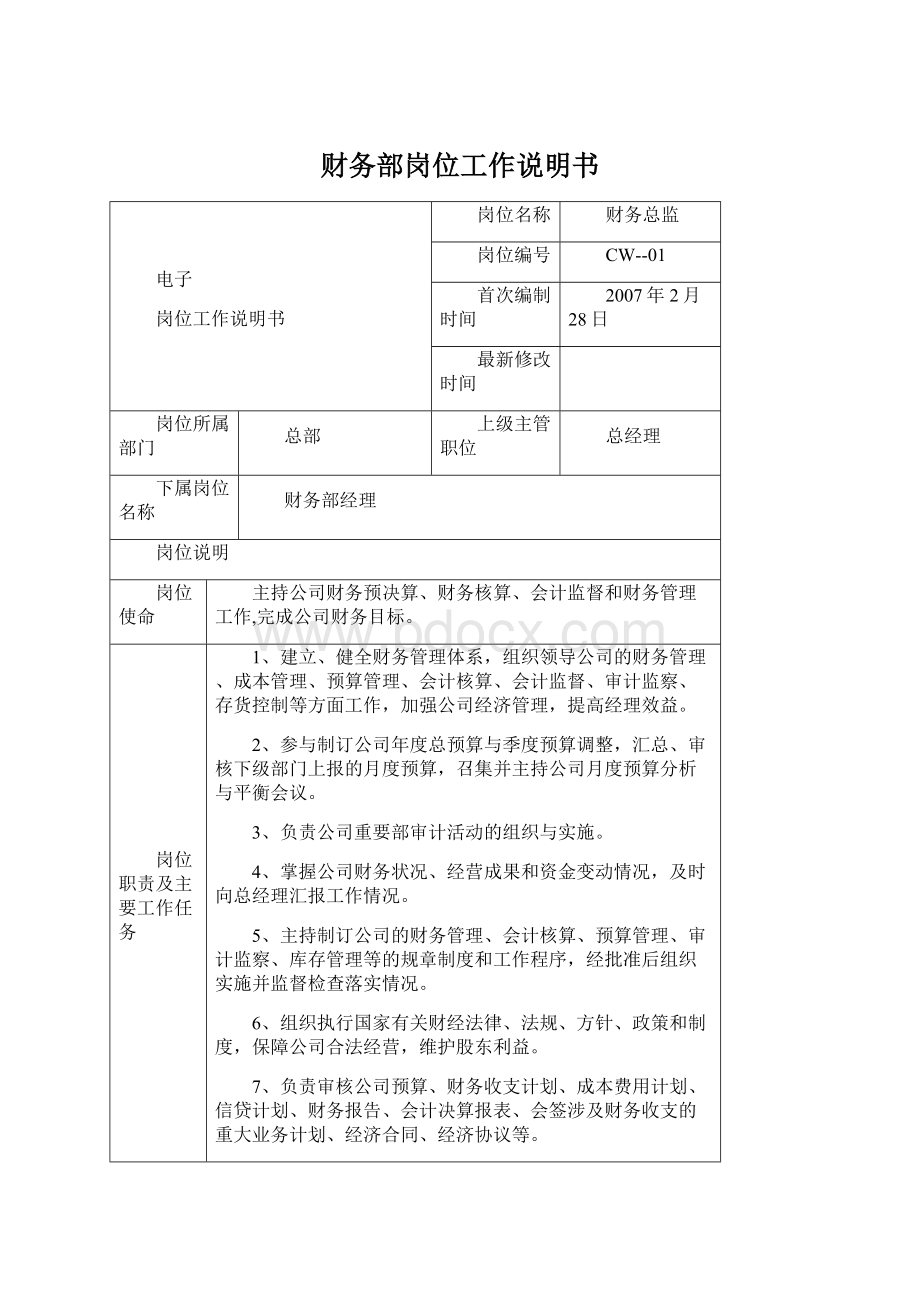 财务部岗位工作说明书Word格式.docx_第1页