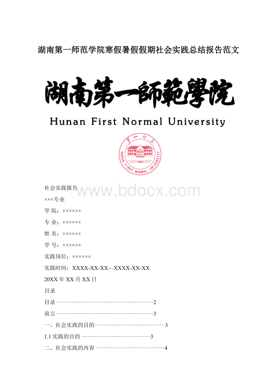 湖南第一师范学院寒假暑假假期社会实践总结报告范文Word格式.docx