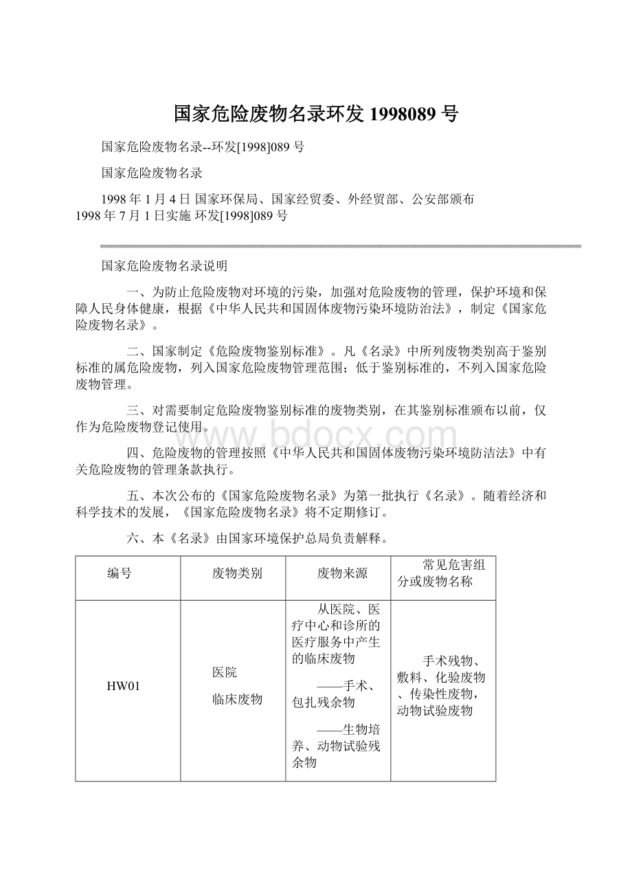 国家危险废物名录环发1998089号.docx_第1页