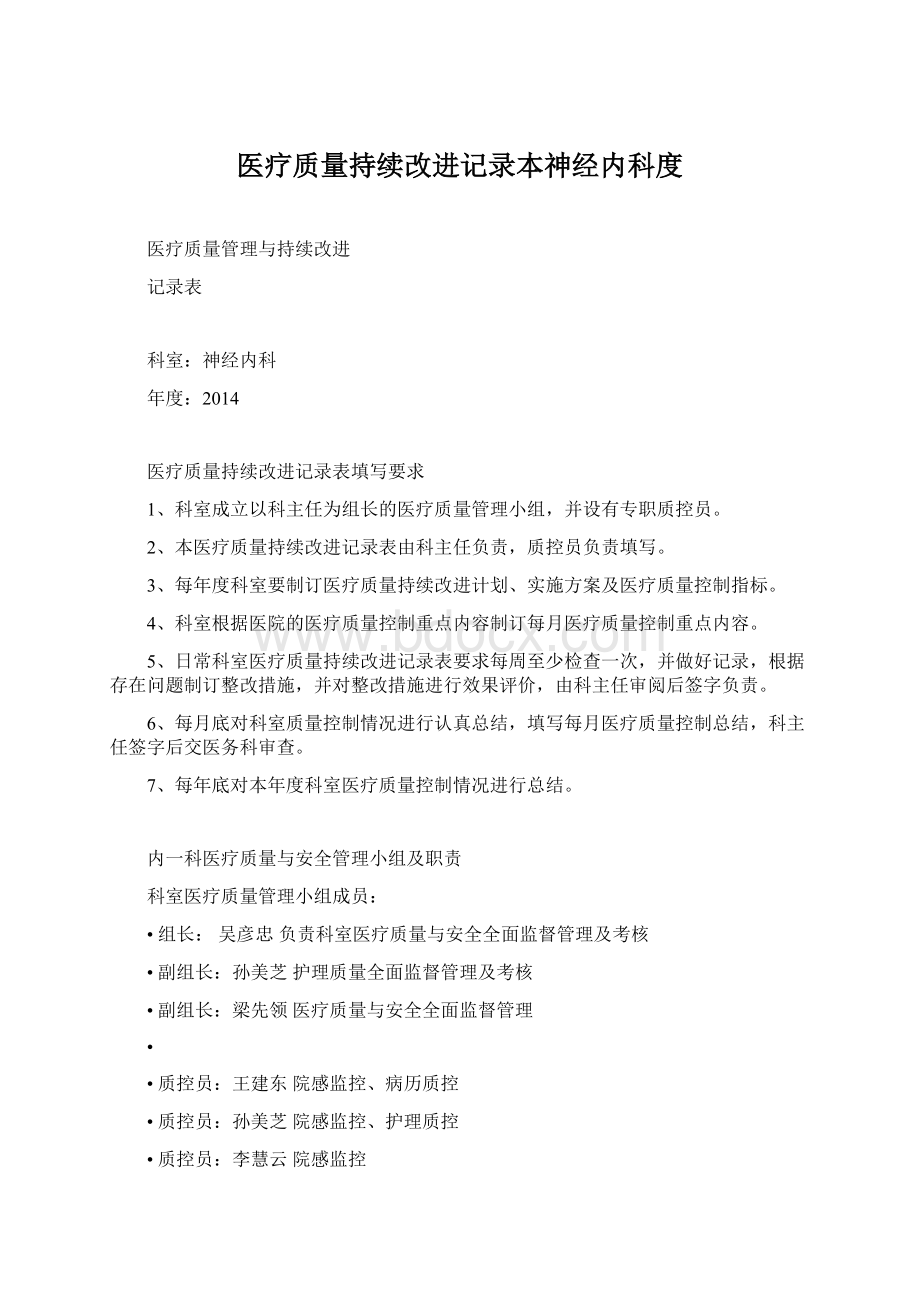 医疗质量持续改进记录本神经内科度Word下载.docx