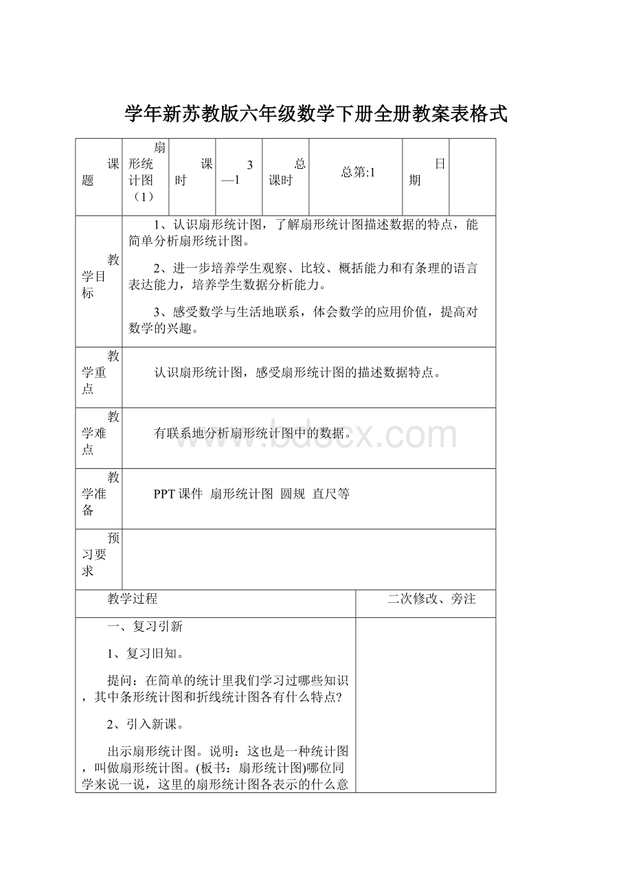 学年新苏教版六年级数学下册全册教案表格式.docx_第1页