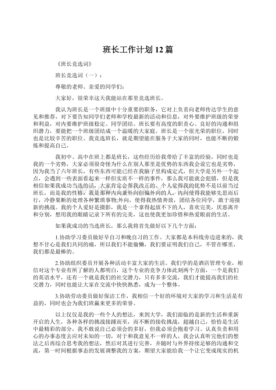 班长工作计划12篇文档格式.docx