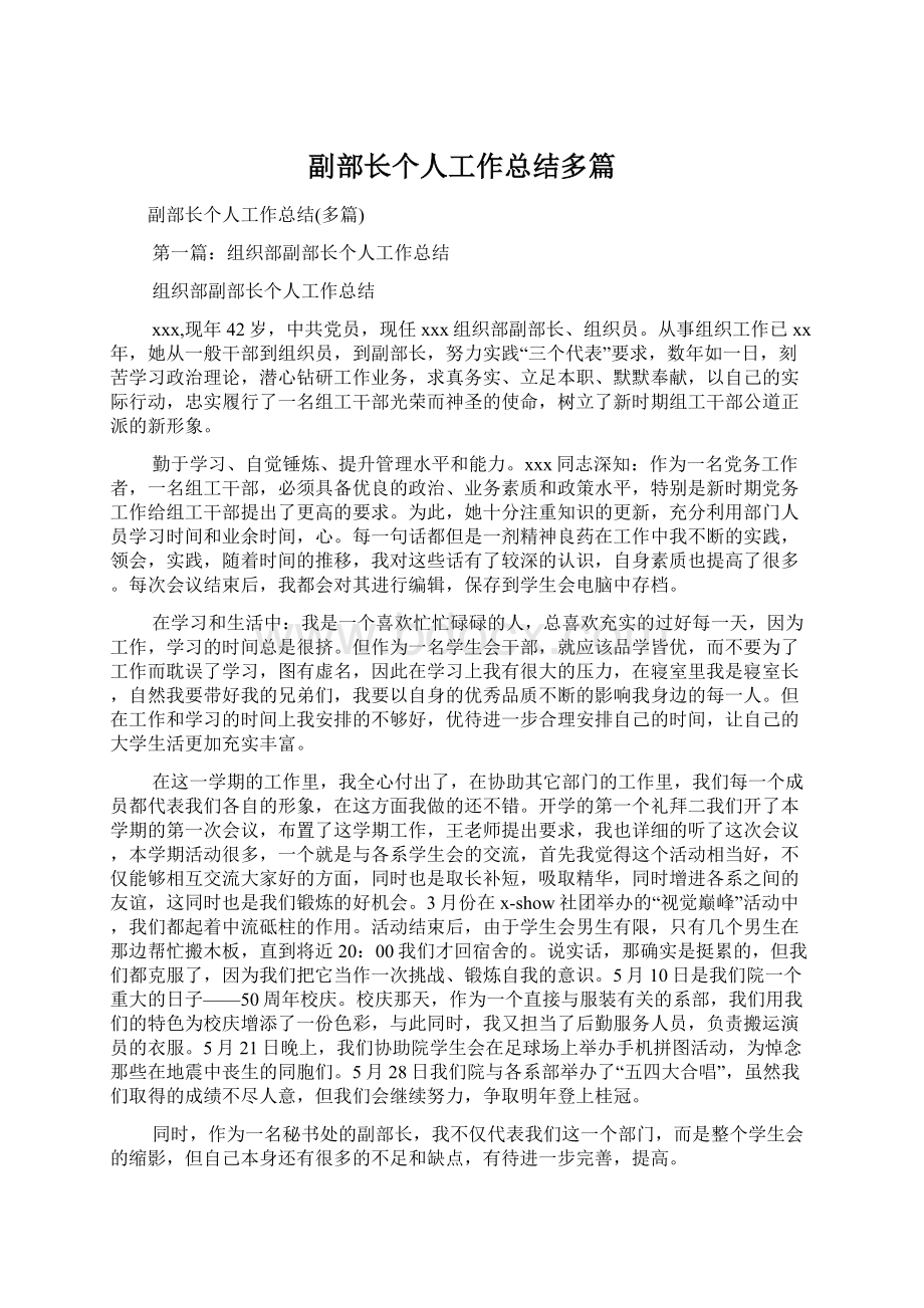 副部长个人工作总结多篇Word格式文档下载.docx_第1页