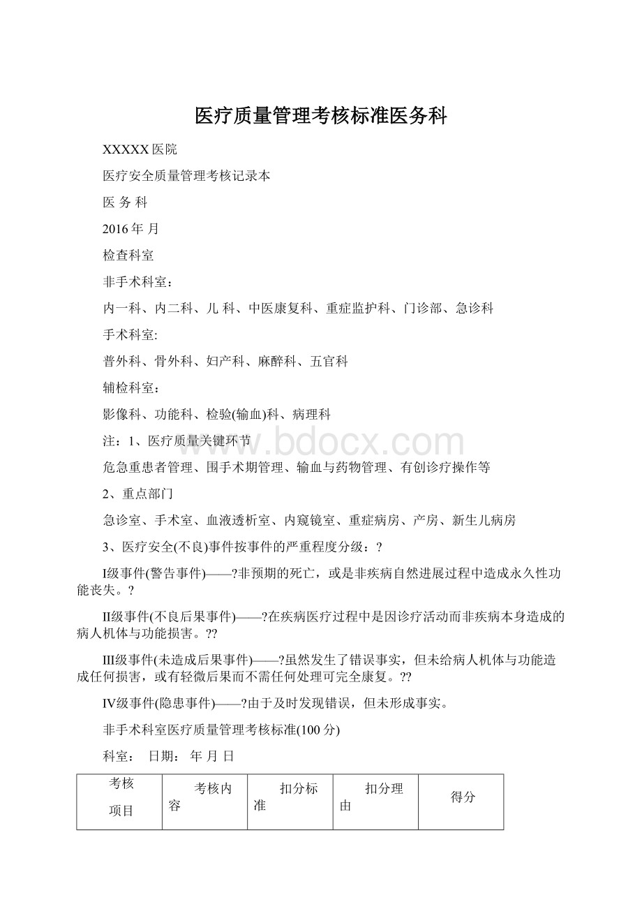 医疗质量管理考核标准医务科Word下载.docx_第1页