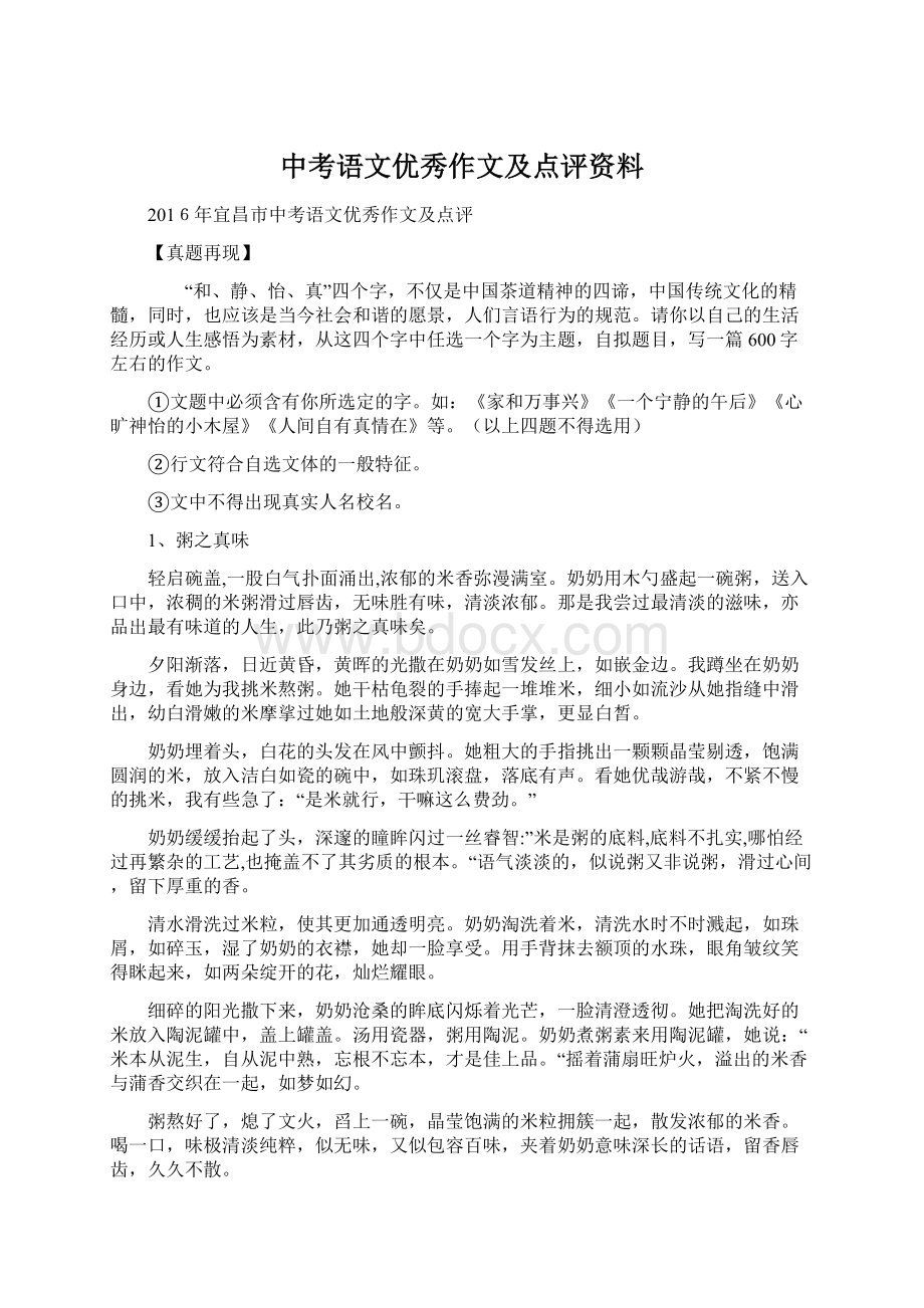 中考语文优秀作文及点评资料.docx