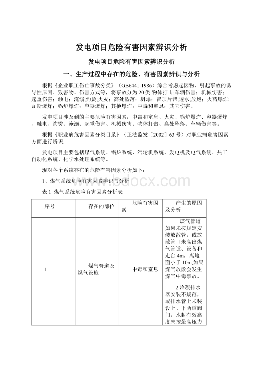 发电项目危险有害因素辨识分析Word文档下载推荐.docx