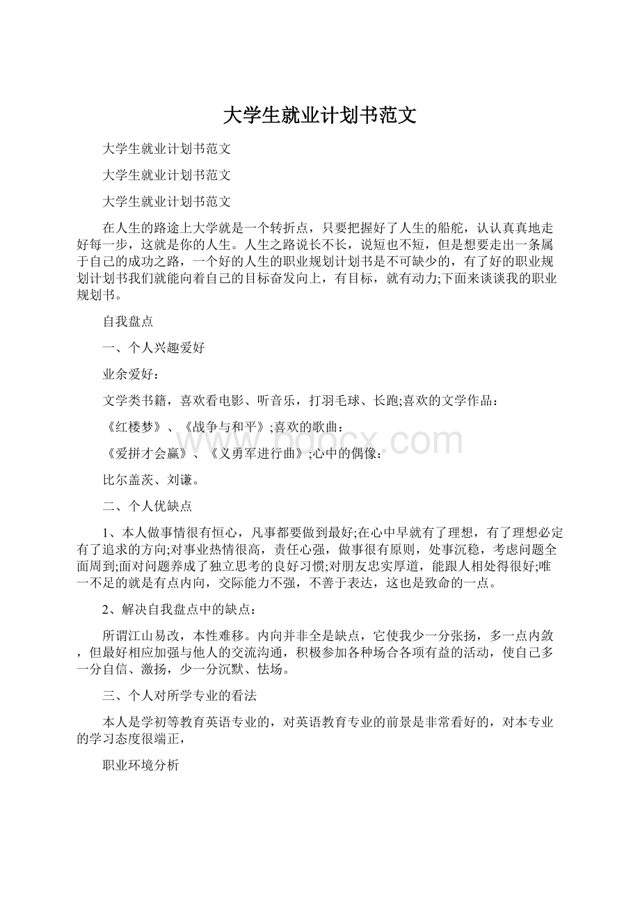 大学生就业计划书范文文档格式.docx