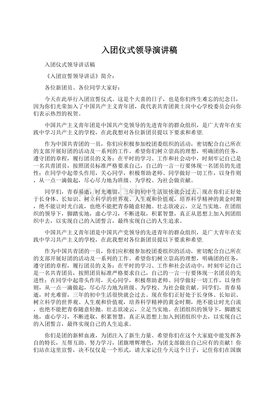 入团仪式领导演讲稿Word文件下载.docx_第1页