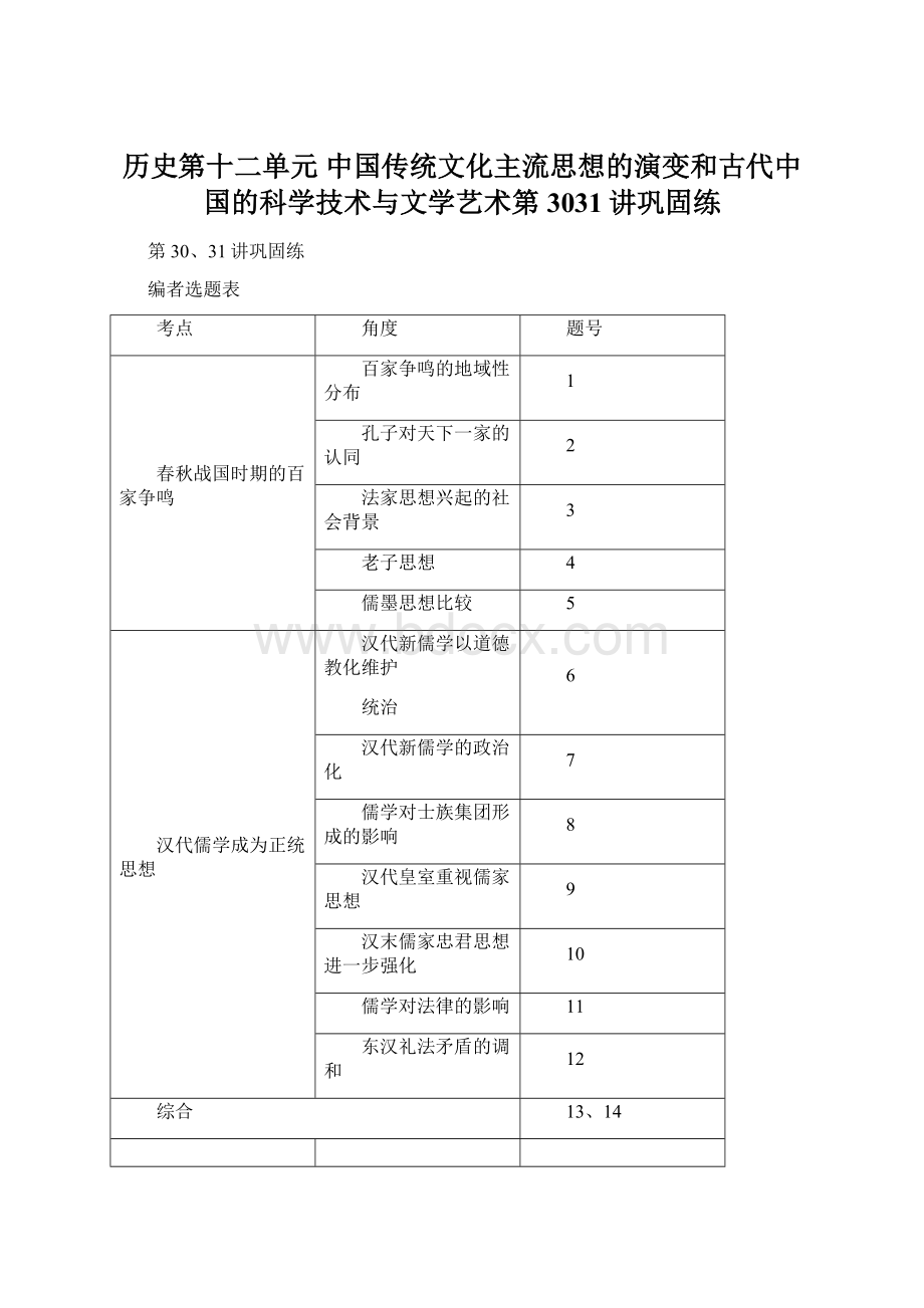 历史第十二单元 中国传统文化主流思想的演变和古代中国的科学技术与文学艺术第3031讲巩固练Word格式文档下载.docx