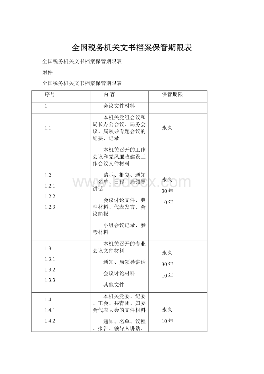 全国税务机关文书档案保管期限表Word文档格式.docx_第1页