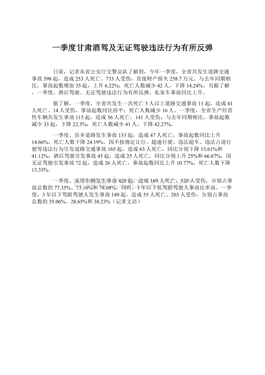 一季度甘肃酒驾及无证驾驶违法行为有所反弹Word格式文档下载.docx_第1页