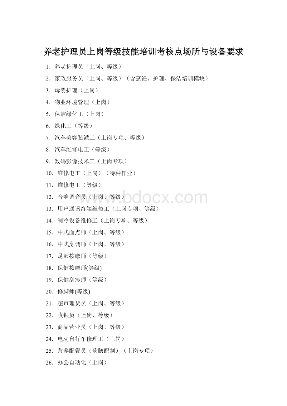 养老护理员上岗等级技能培训考核点场所与设备要求Word格式文档下载.docx_第1页