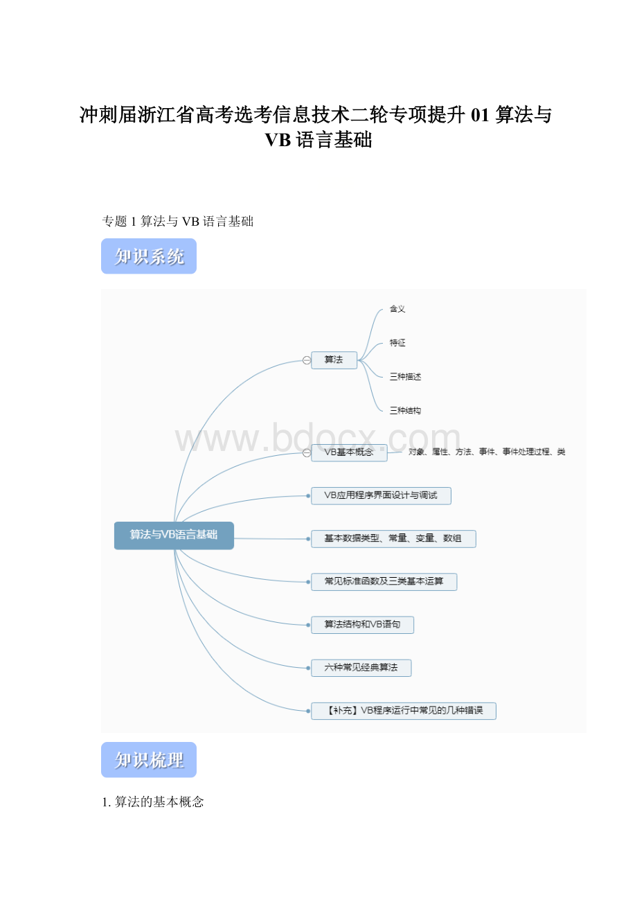 冲刺届浙江省高考选考信息技术二轮专项提升01 算法与VB语言基础文档格式.docx