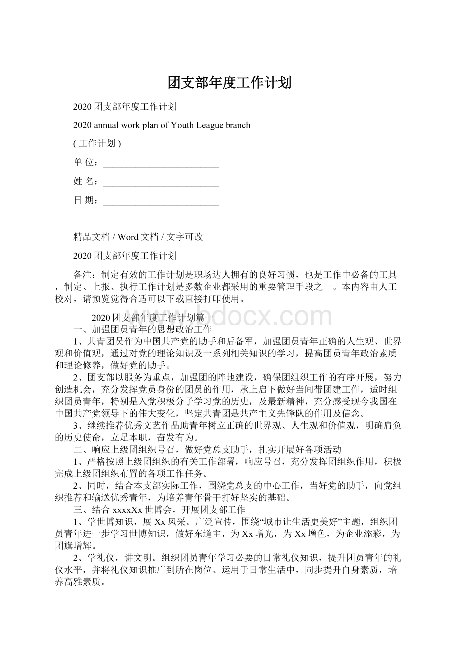 团支部年度工作计划.docx_第1页