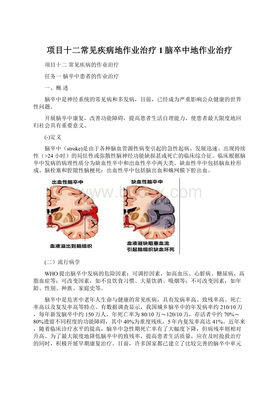 项目十二常见疾病地作业治疗1脑卒中地作业治疗Word文档格式.docx_第1页