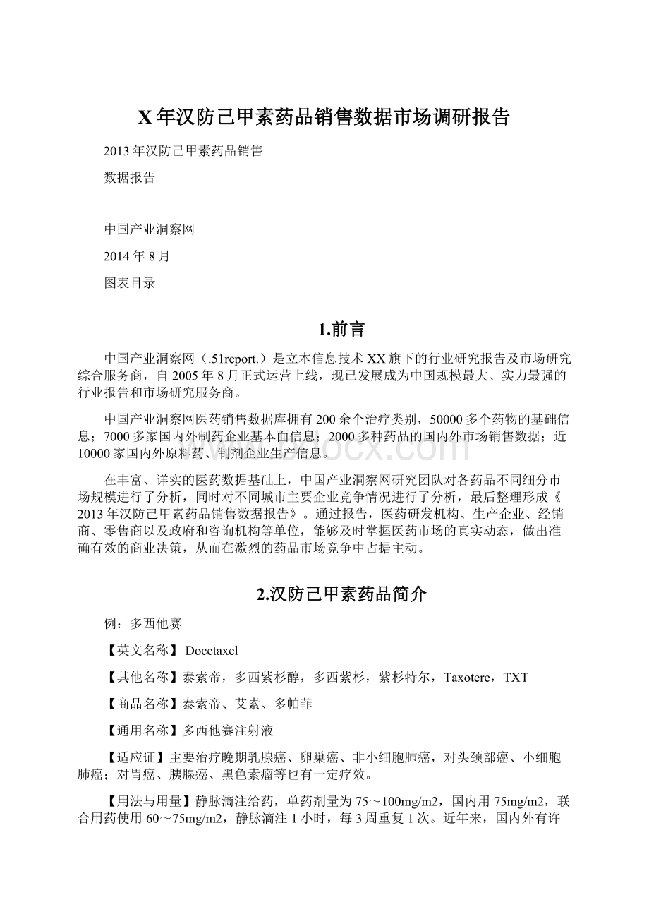 X年汉防己甲素药品销售数据市场调研报告.docx