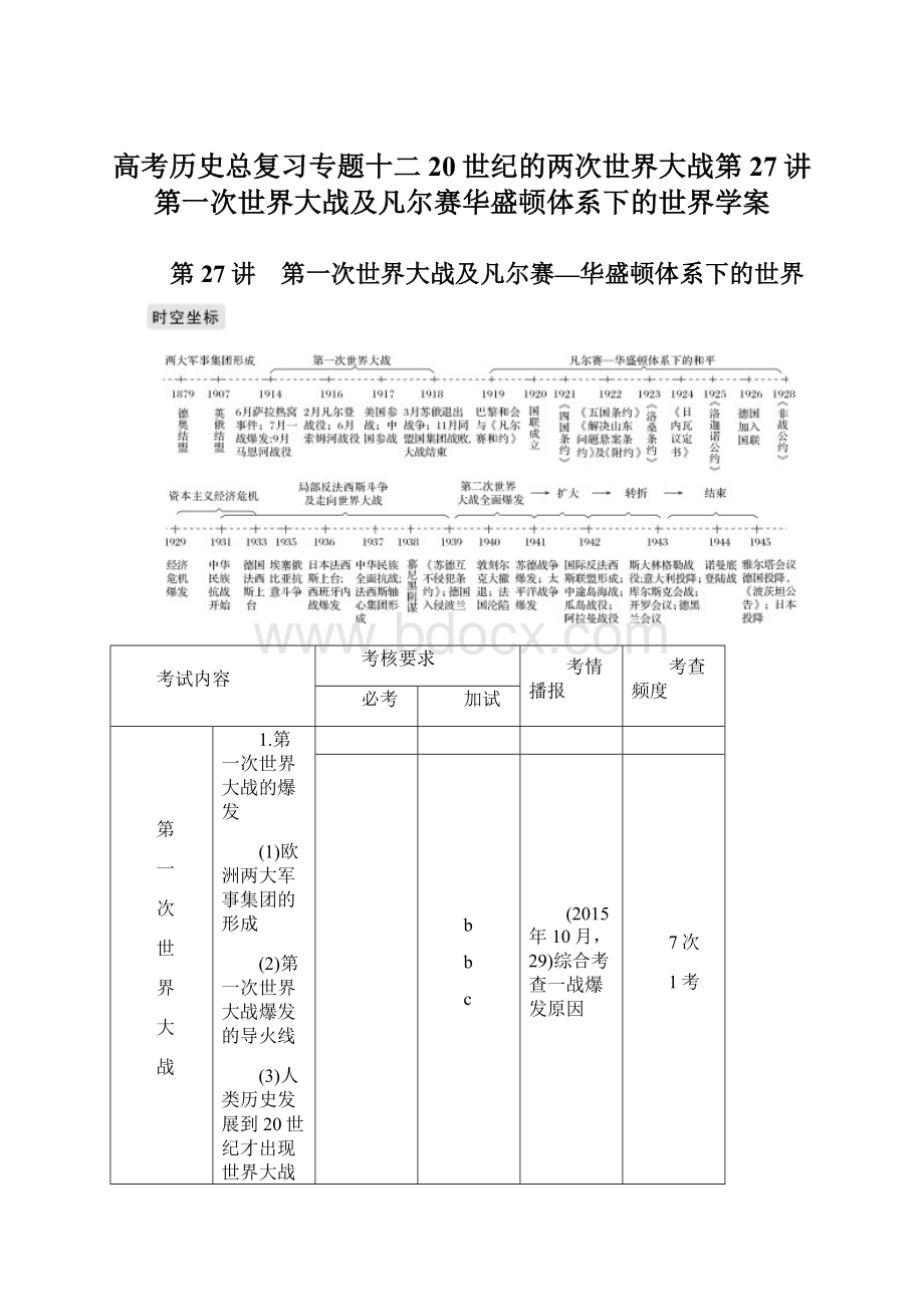 高考历史总复习专题十二20世纪的两次世界大战第27讲第一次世界大战及凡尔赛华盛顿体系下的世界学案.docx_第1页