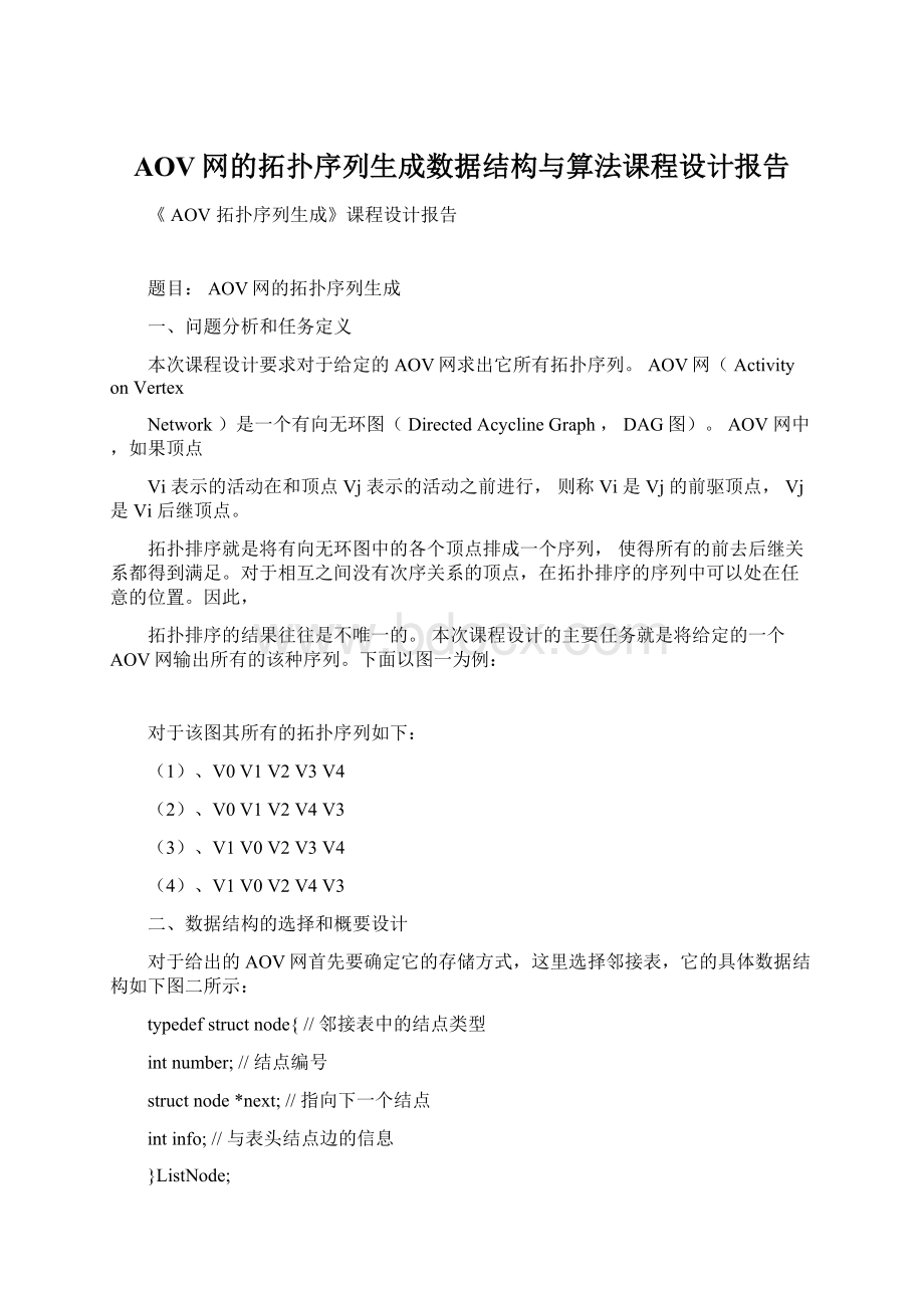 AOV网的拓扑序列生成数据结构与算法课程设计报告Word下载.docx