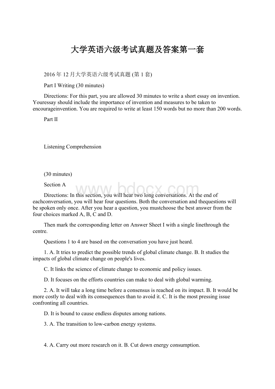 大学英语六级考试真题及答案第一套文档格式.docx