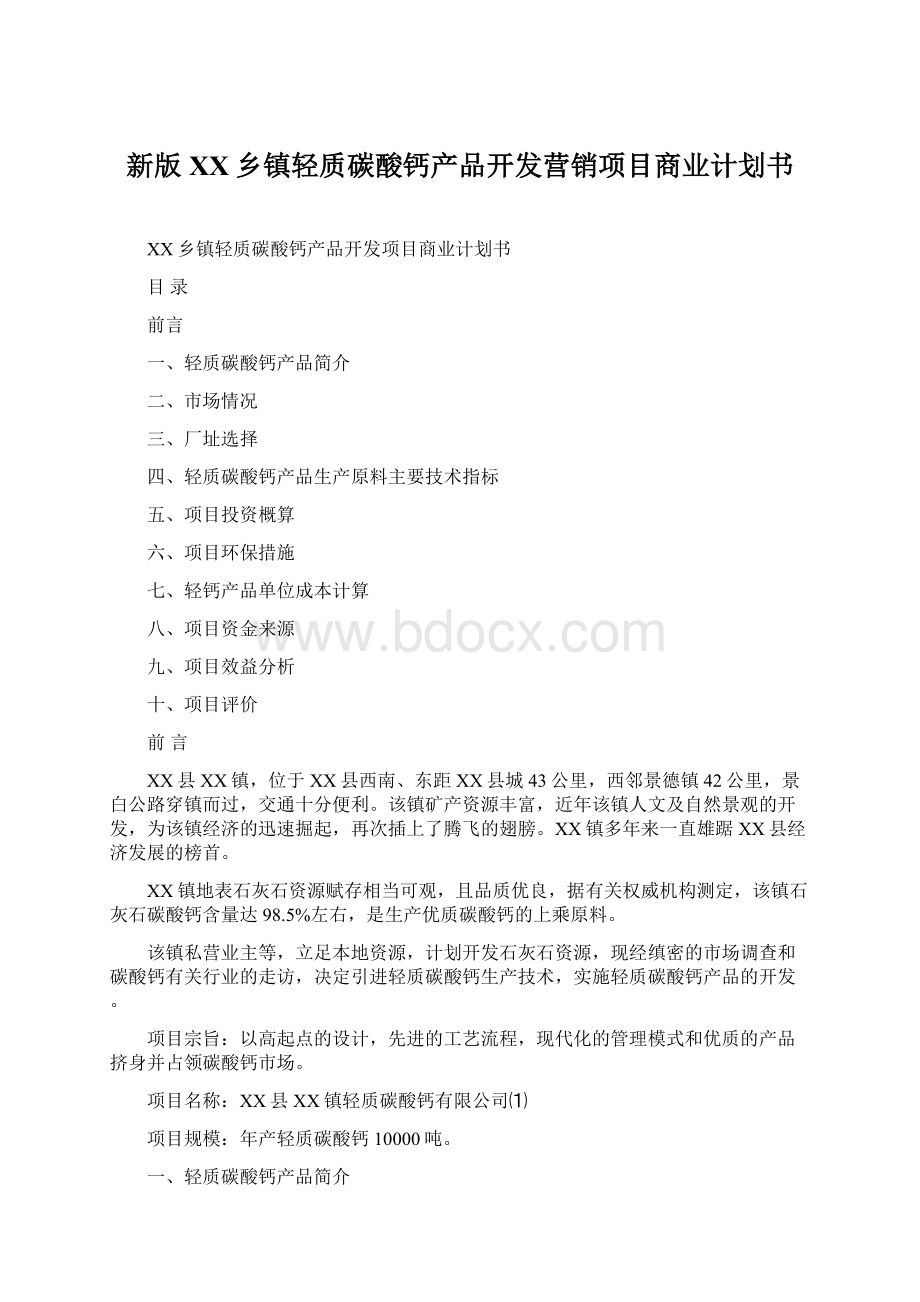 新版XX乡镇轻质碳酸钙产品开发营销项目商业计划书Word下载.docx