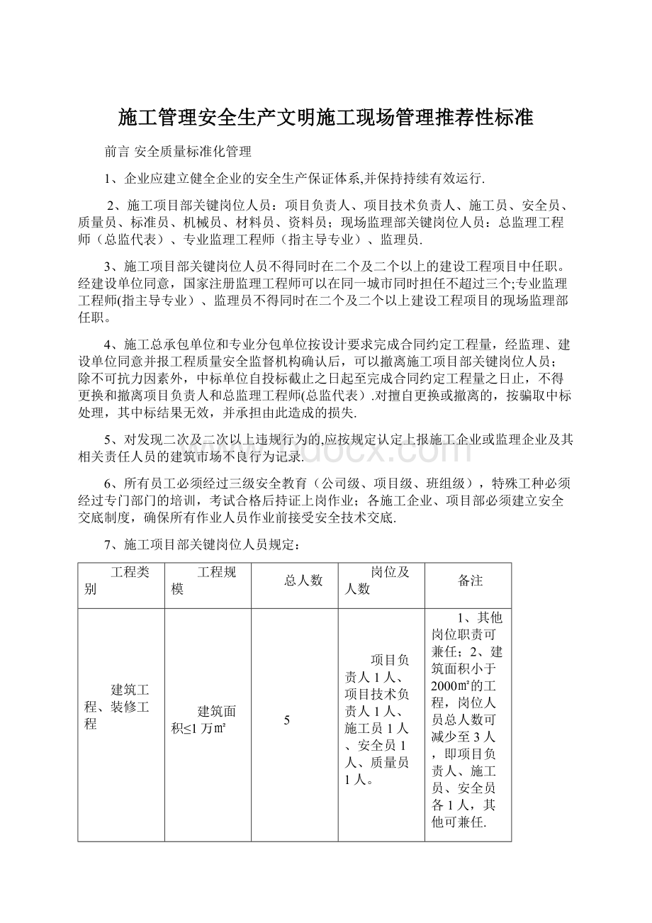 施工管理安全生产文明施工现场管理推荐性标准.docx