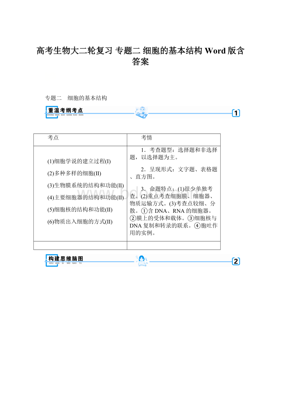 高考生物大二轮复习 专题二 细胞的基本结构Word版含答案Word下载.docx_第1页