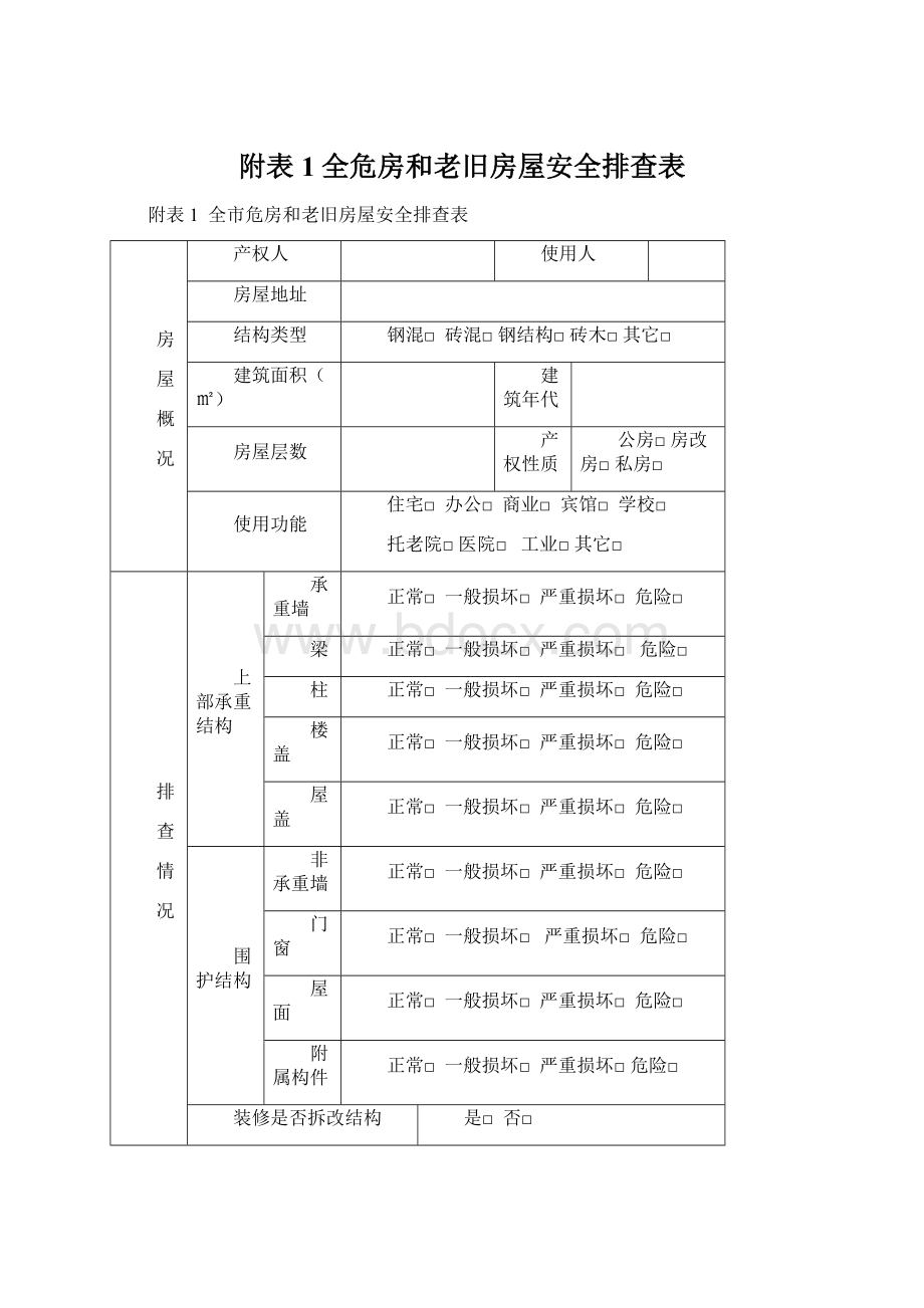 附表1全危房和老旧房屋安全排查表文档格式.docx