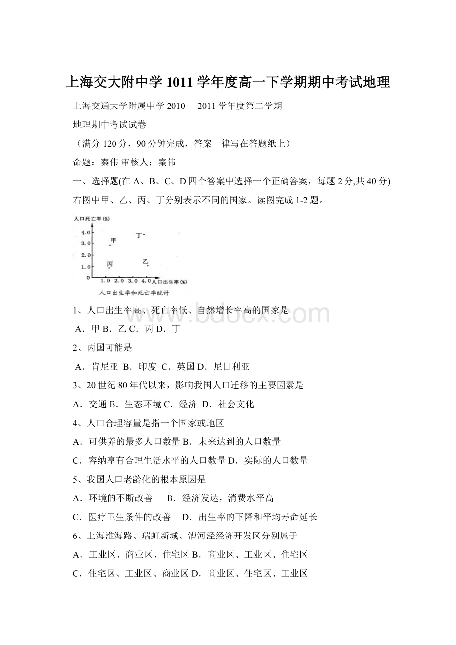 上海交大附中学1011学年度高一下学期期中考试地理.docx_第1页