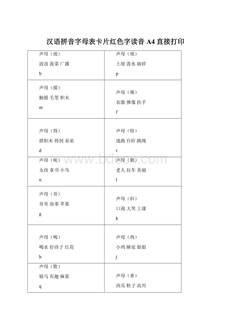 汉语拼音字母表卡片红色字读音A4直接打印.docx