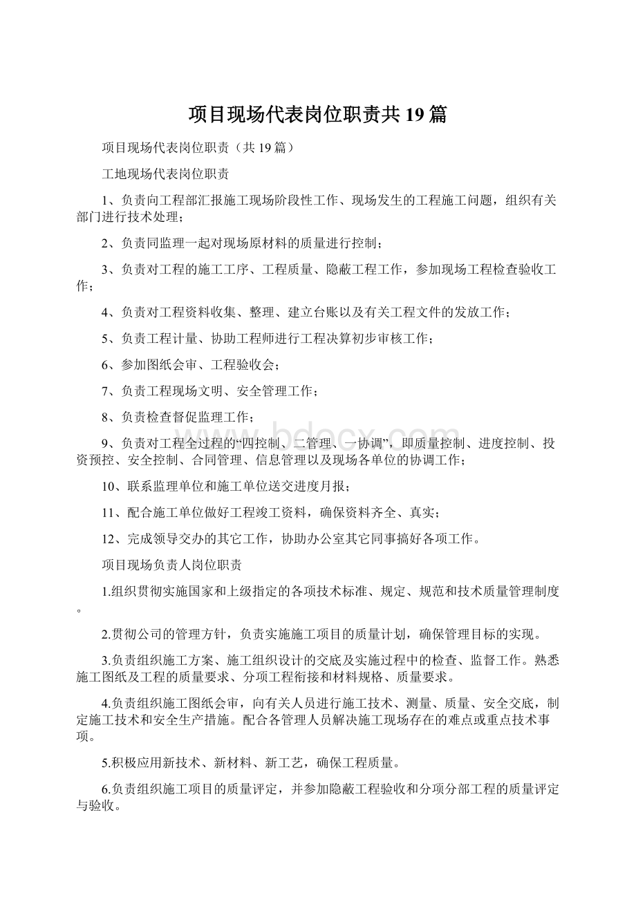 项目现场代表岗位职责共19篇Word文件下载.docx_第1页