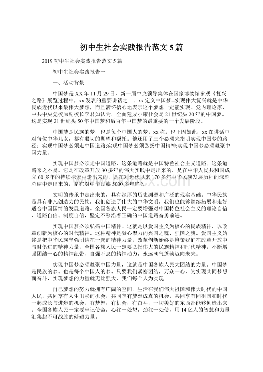 初中生社会实践报告范文5篇文档格式.docx