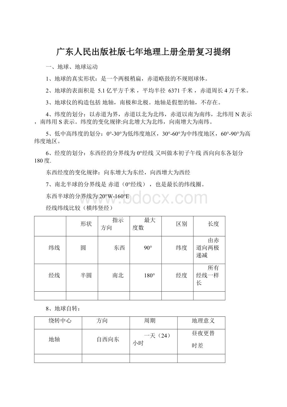 广东人民出版社版七年地理上册全册复习提纲.docx_第1页