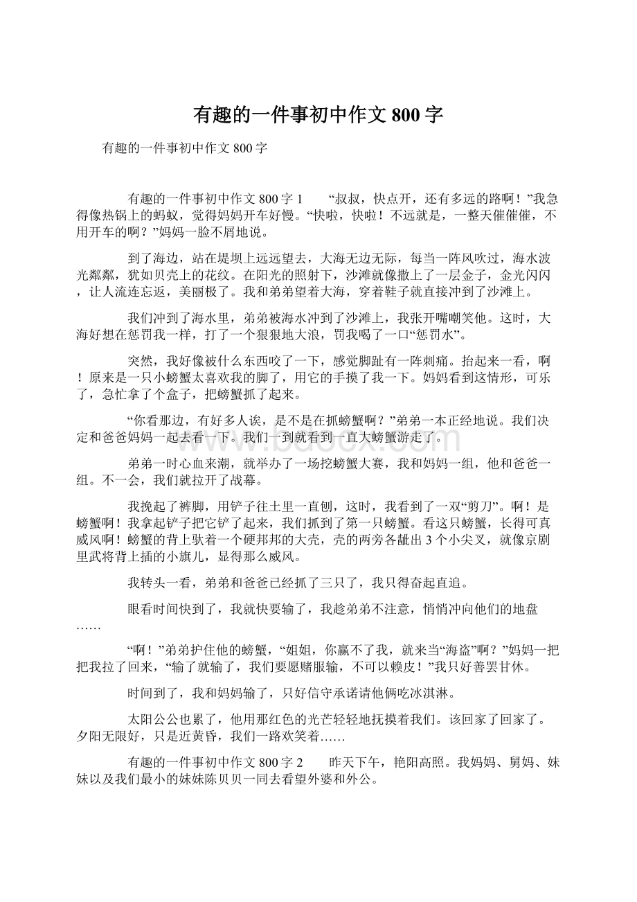 有趣的一件事初中作文800字Word下载.docx