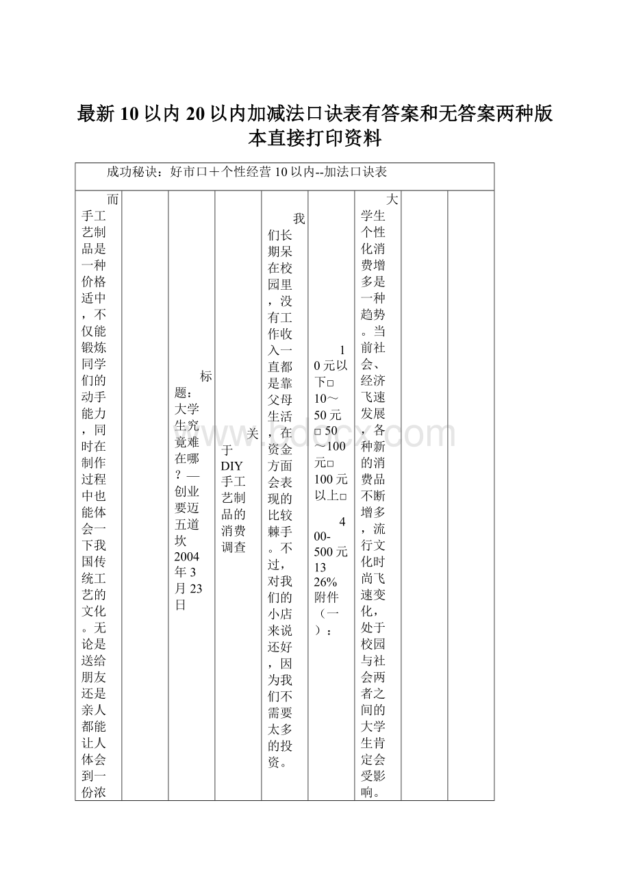 最新10以内20以内加减法口诀表有答案和无答案两种版本直接打印资料.docx