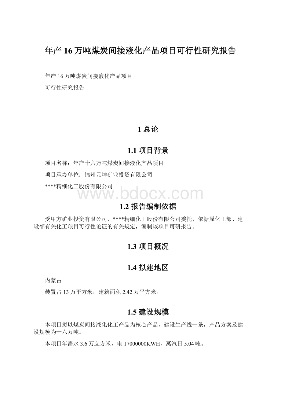 年产16万吨煤炭间接液化产品项目可行性研究报告Word格式.docx_第1页