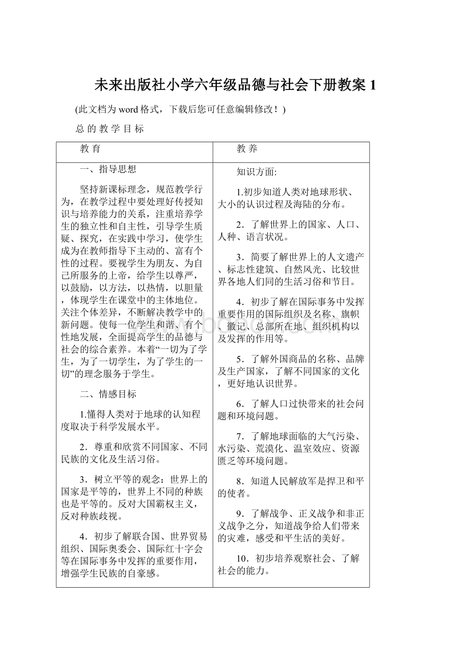 未来出版社小学六年级品德与社会下册教案1Word下载.docx