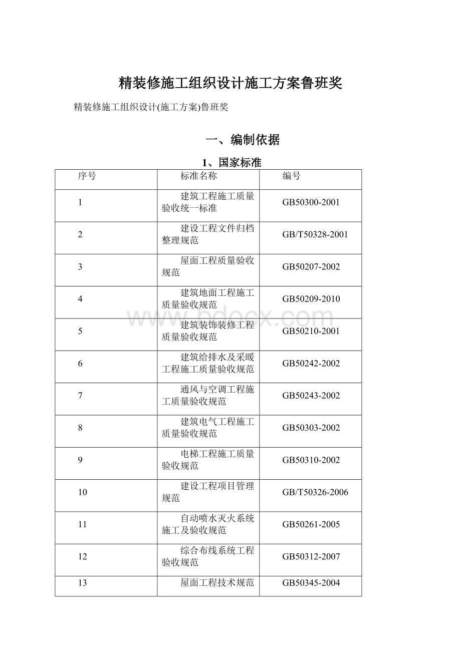 精装修施工组织设计施工方案鲁班奖Word文档下载推荐.docx_第1页