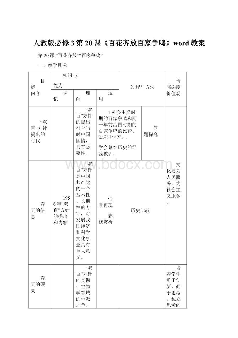 人教版必修3第20课《百花齐放百家争鸣》word教案文档格式.docx