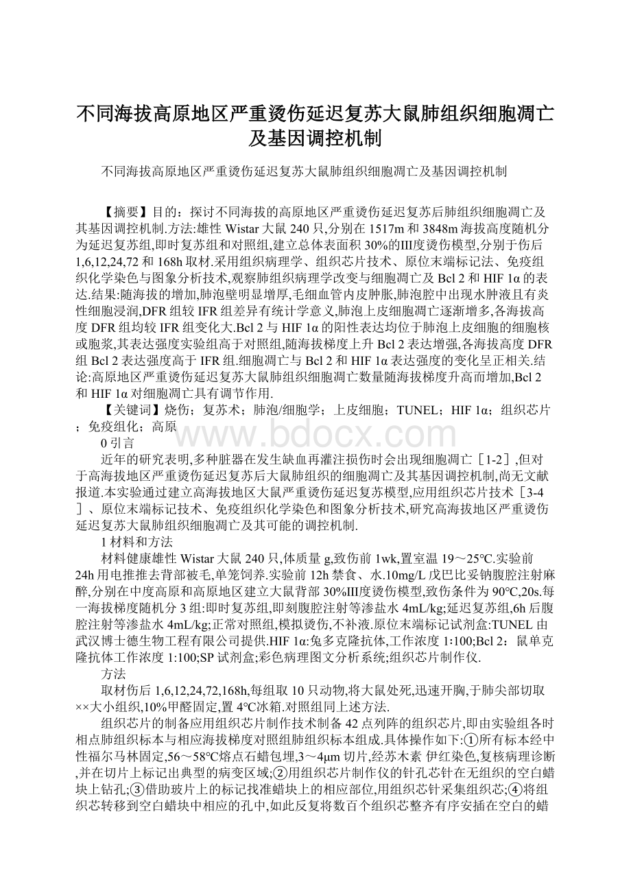 不同海拔高原地区严重烫伤延迟复苏大鼠肺组织细胞凋亡及基因调控机制Word文件下载.docx