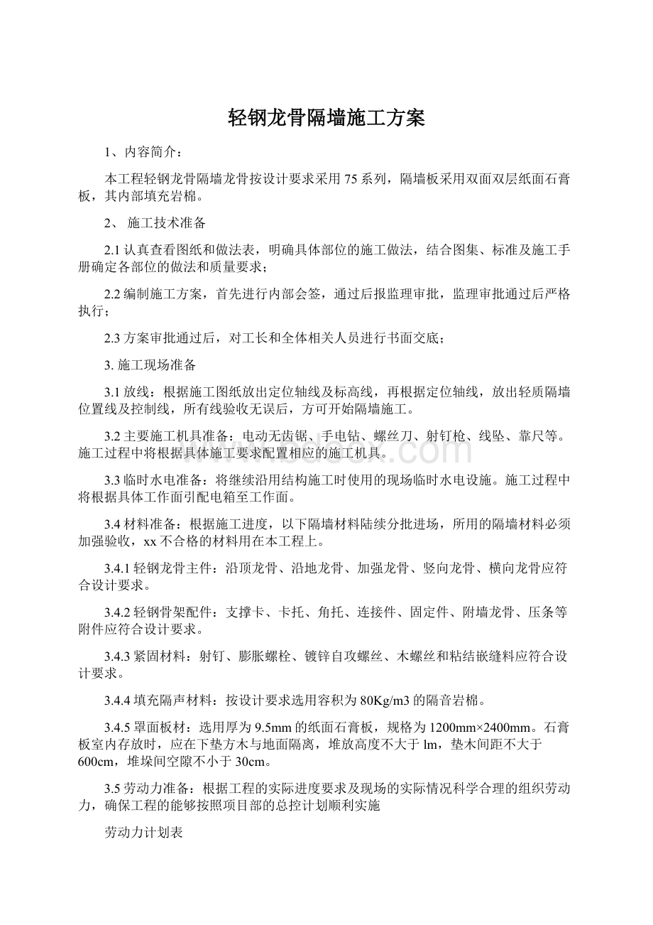 轻钢龙骨隔墙施工方案文档格式.docx