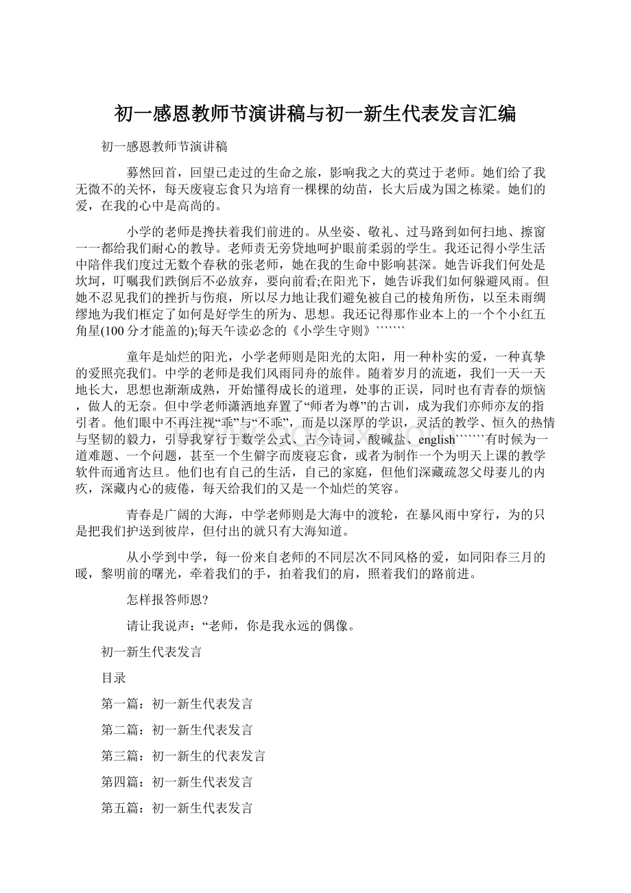 初一感恩教师节演讲稿与初一新生代表发言汇编Word文档格式.docx